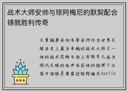 战术大师安帅与琼阿梅尼的默契配合铸就胜利传奇