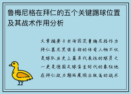 鲁梅尼格在拜仁的五个关键踢球位置及其战术作用分析
